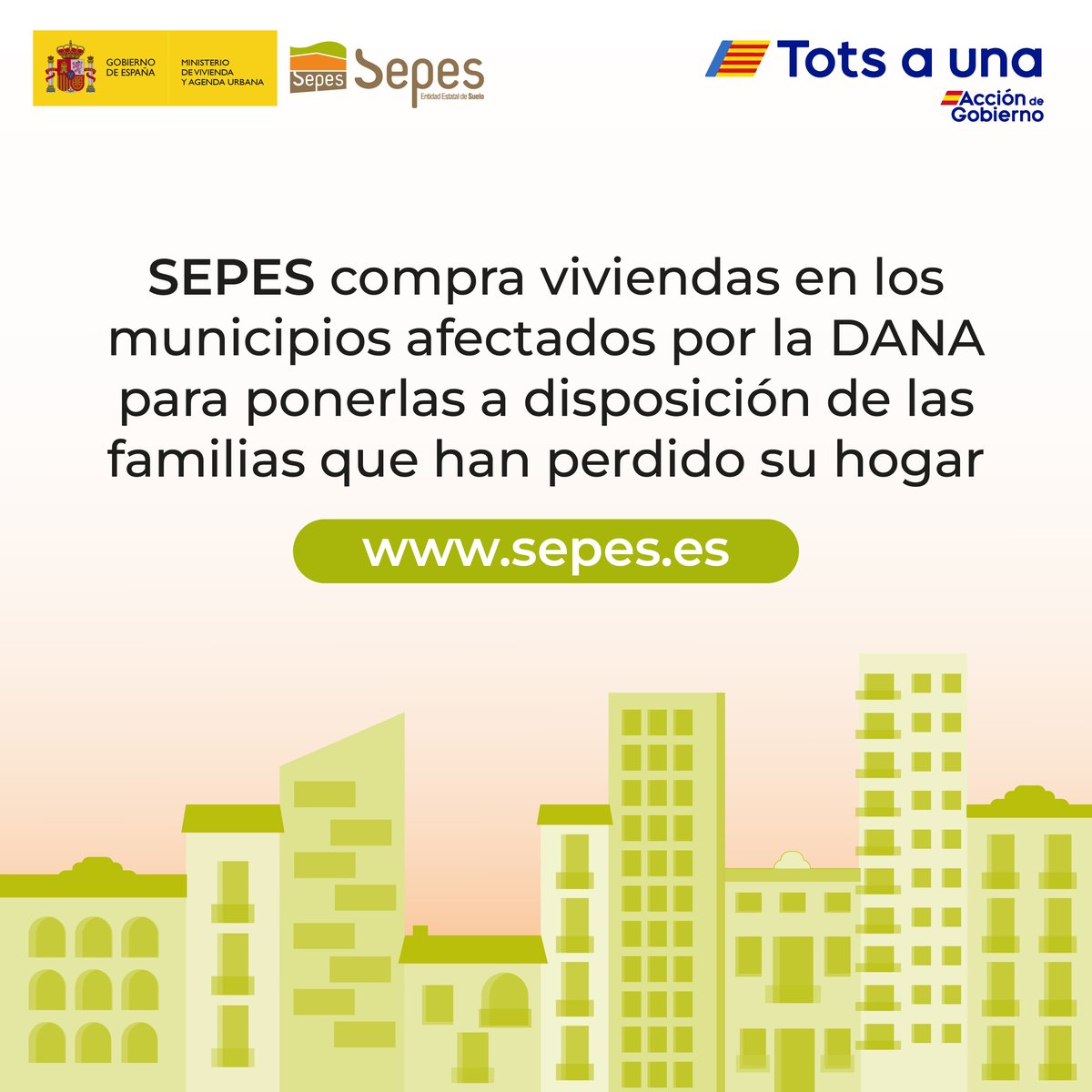 🏘️SEPES compra viviendas en los municipios afectados por la DANA para ponerlas a disposición de las familias que han perdido su casa

🤝Una acción conjunta entre administración y sociedad que contribuirá a la vuelta a la normalidad #Totsauna

👉Si tienes una vivienda en buen