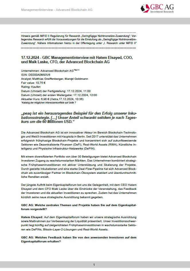 GBC_Research's tweet image. @BlockchainAG  (#BWQ) #EquityResearch #ManagementInterview Rating: Kaufen Kursziel: 7,00 € "peaq ist ein herausragendes Beispiel für den Erfolg unserer Inkubationsstrategie" #SmallCaps #Börse #Aktie #Research t1p.de/h5w7o