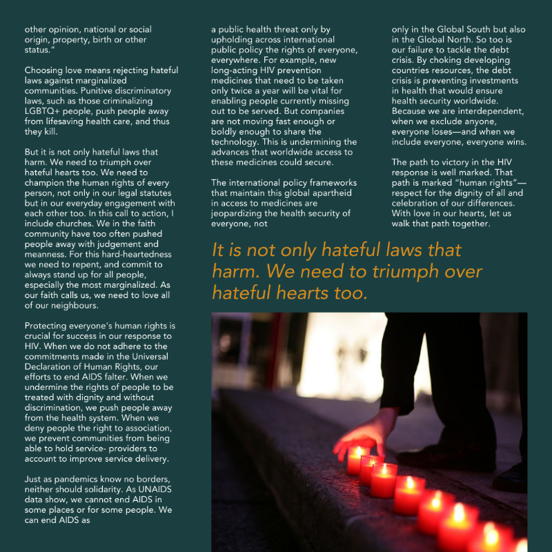 UNAIDS's tweet photo. "Discriminatory laws push people away from lifesaving health care. The path to victory in the HIV response is well marked. That path is marked 'human rights'."

Read @ArchbishopThabo's testimonial in our #WorldAIDSDay2024 report: https://t.co/GhthBLh9qi