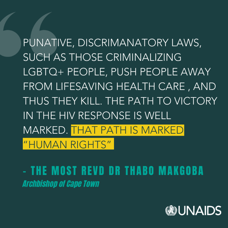UNAIDS's tweet photo. "Discriminatory laws push people away from lifesaving health care. The path to victory in the HIV response is well marked. That path is marked 'human rights'."

Read @ArchbishopThabo's testimonial in our #WorldAIDSDay2024 report: https://t.co/GhthBLh9qi