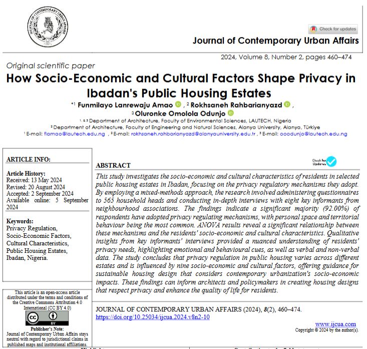 How Socio-Economic and Cultural Factors Shape Privacy in Ibadan's Public Housing Estates
DOI: doi.org/10.25034/ijcua…
Funmilayo Lanrewaju Amao, Rokhsaneh Rahbarianyazd, Oluronke Omolola Odunjo