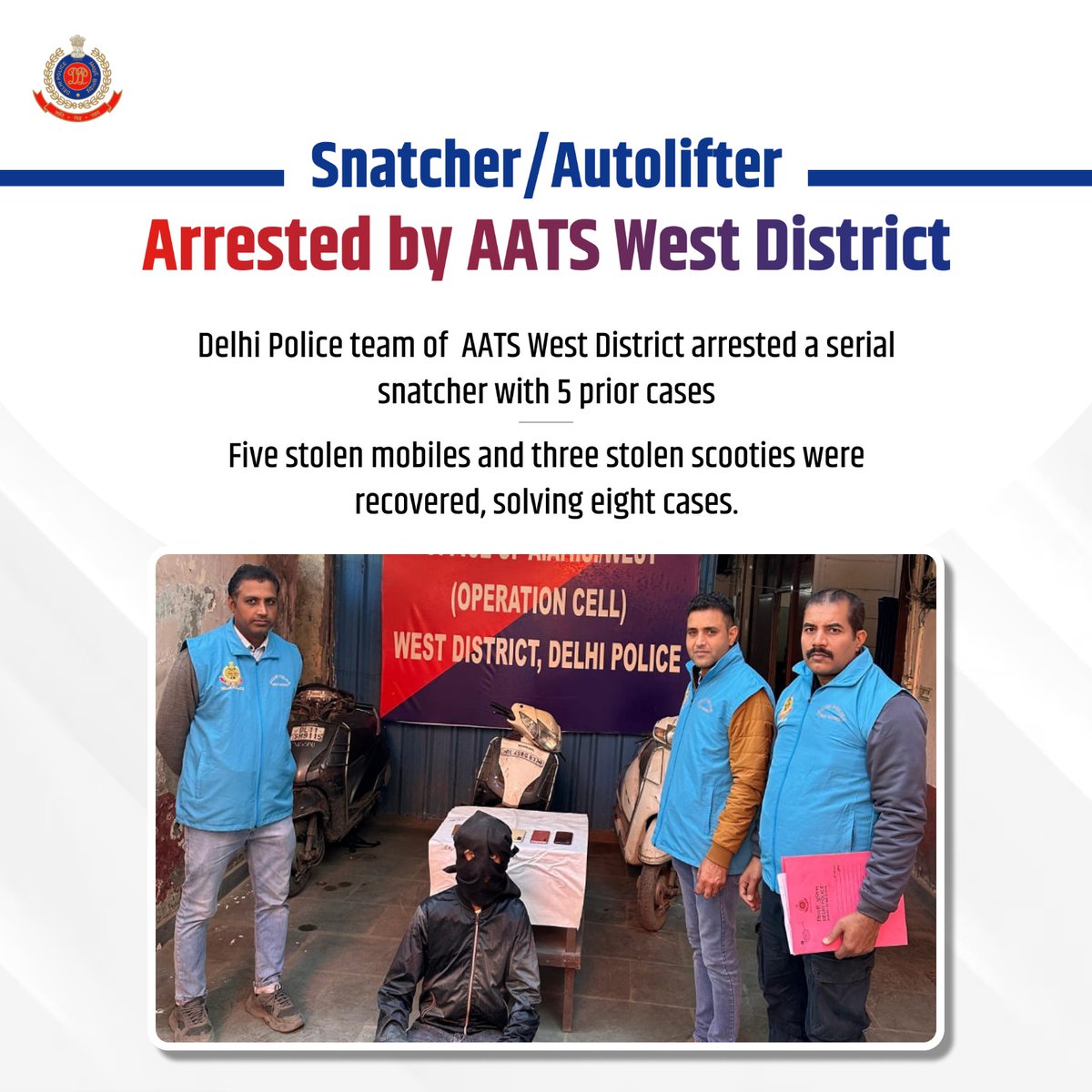 DCPWestDelhi's tweet photo. AATS West District @DelhiPolice arrested an active snatcher-cum- auto-lifter near Shivaji Park Metro. 
The suspect, riding a stolen scooty, was apprehended with five snatched phones. Further investigation led to the recovery of two more stolen scooties.

#DPUpdates https://t.co/B6RMAvYR4u