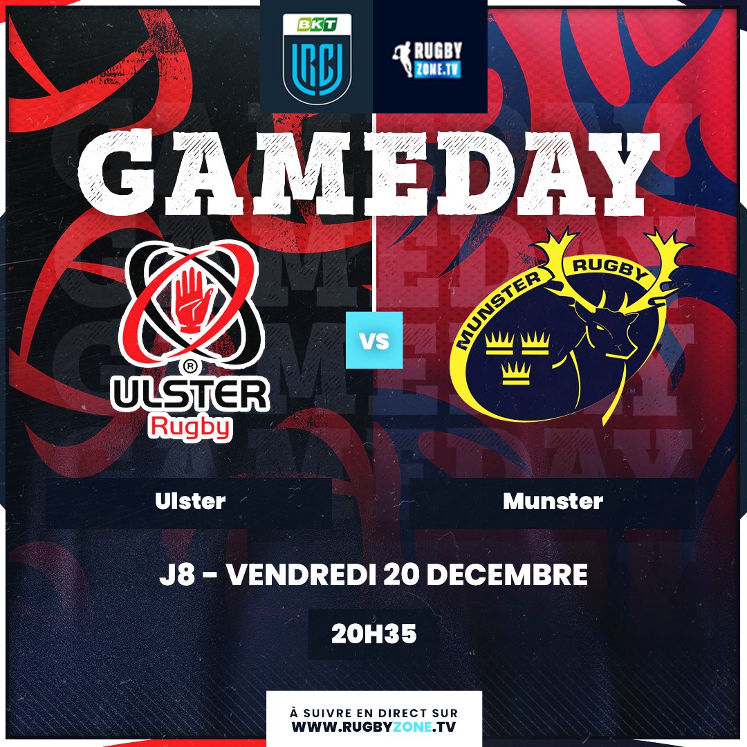 𝙐𝙡𝙨𝙩𝙚𝙧 🆚 𝙈𝙪𝙣𝙨𝙩𝙚𝙧
💥 Enorme choc 100% irlandais pour débuter cette nouvelle journée d'URC ! La Red Army est à Belfast pour une affiche qui promet beaucoup !
💻 Coup d'envoi en direct vendredi à 20h35 sur bit.ly/Rugbyzonetv

#BKTURC #rugby