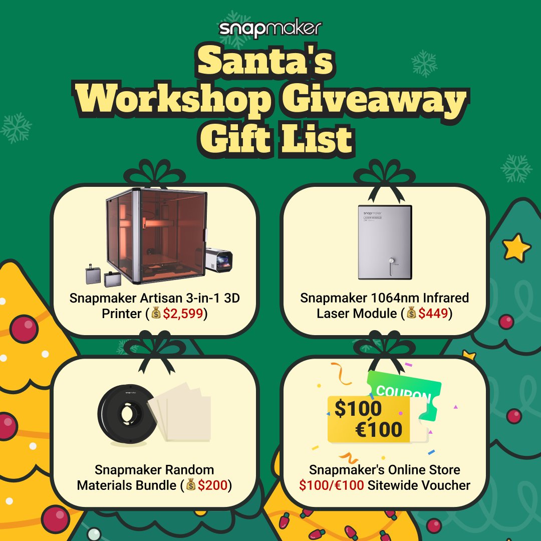 🎄GIVEAWAY ALERT!🎄
This Christmas, transform your maker #workshop with festive cheer and 3D printing magic! ✨Join Santa's Workshop Giveaway for a chance to win gifts packed that will elevate your creative space! 🎁

To Enter, Simply:
✅ Follow us, Like + Repost this Post