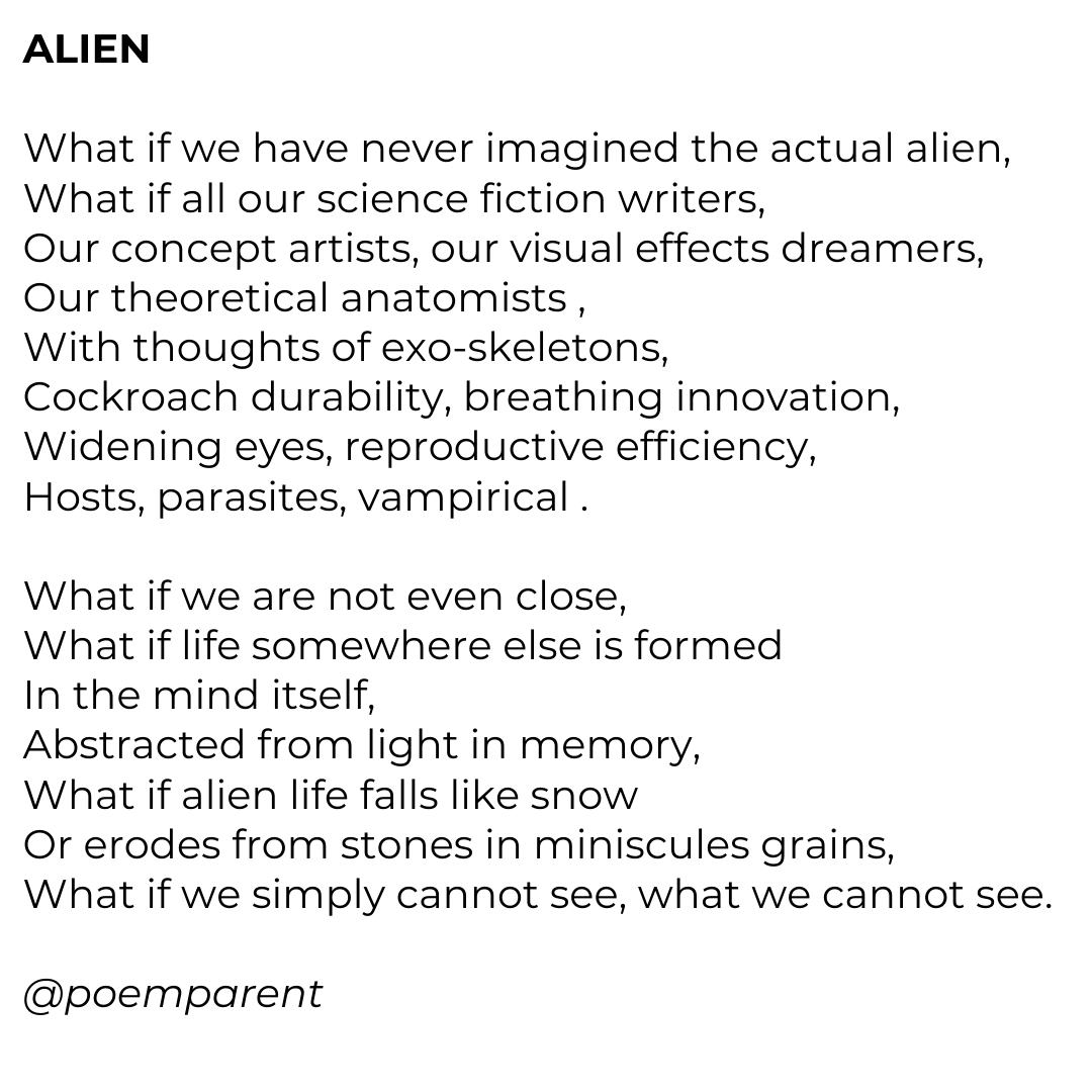 poemparent's tweet photo. Been doing a bit of work that ventured into the sci-fi world, and it got me wondering..
#alien #alienlife #alienlifeform #alienlife👽
#scifi #scifiart #exoskeleton #conceptartist #vfx #poetry #poemoftheday #poemaday #poetrycommunity https://t.co/PbeQ4duul5