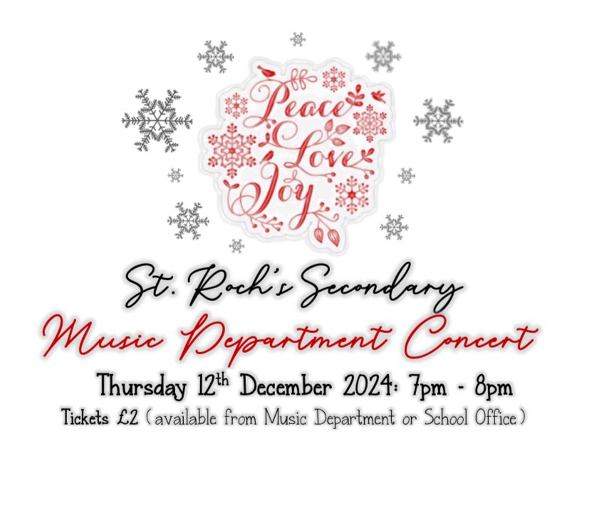 stroch_exp_arts's tweet photo. Don’t miss out on getting tickets for our concert that is being organised by our talented @St_Rochs music department. See @Mrs_Farr_Music or the office for tickets.
Tickets are £2. Concert is on Thursday 12th December, 7-8pm 🎶❄️ https://t.co/EaZsCtuPPu
