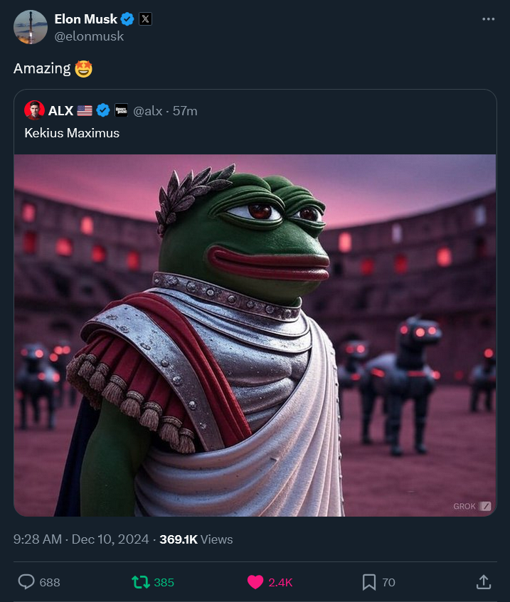 Plazma0x's tweet photo. Another $PEPE meme repost by Elon. https://t.co/UQe5D5lNHx