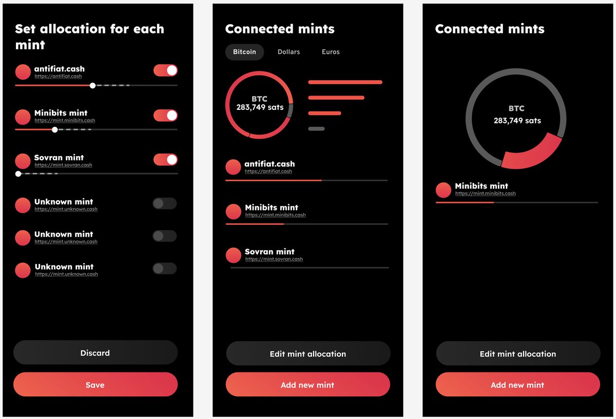 Multi-mint UI design explorations of <a href="/SovranBitcoin/">SOVRAN • Bitcoin Wallet & eSIMs</a> – an upcoming native Cashu wallet for iOS and Android.