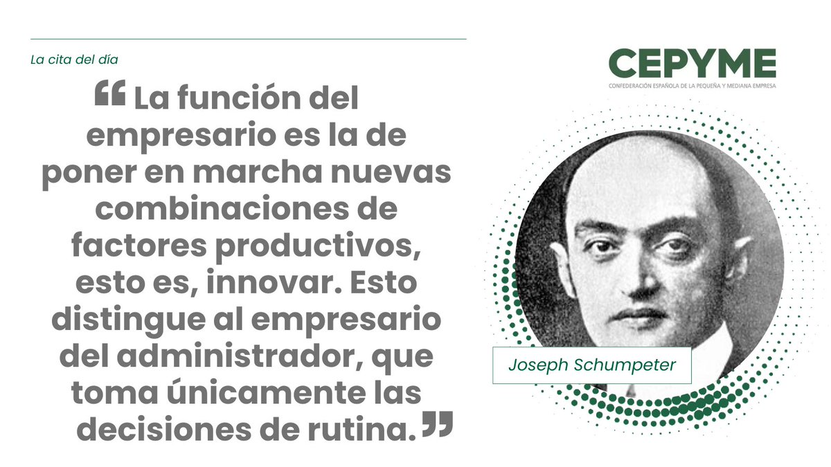 La función del empresario es la de poner en marcha nuevas combinaciones de factores productivos, esto es, innovar. 
Esto distingue al empresario del administrador, que toma únicamente las decisiones de rutina.
Joseph Schumpeter