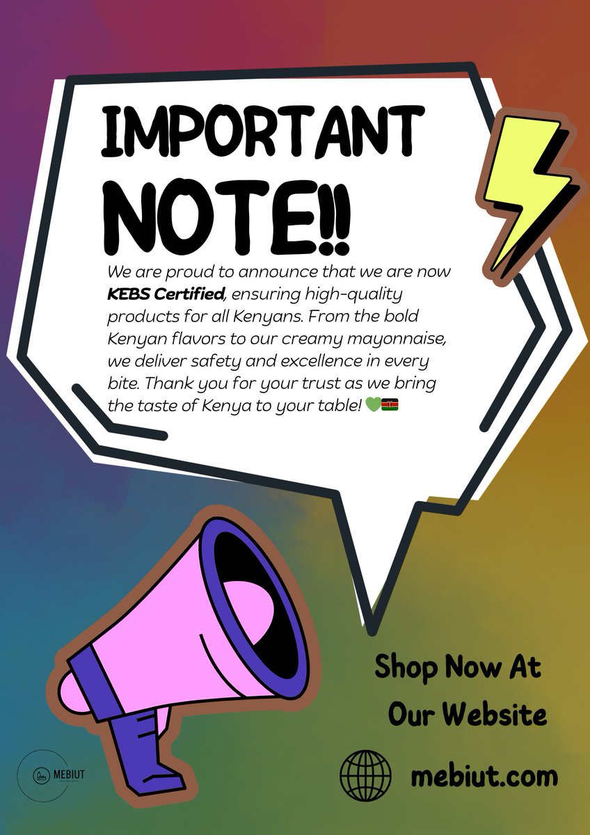 <a href="/mebiutkenya/">MEBIUT LIMITED</a> is pleased to let you know that we're officially <a href="/KEBS_ke/">KEBS KENYA</a> certified 🎉🤩.  We are looking forward to bridge the gap in high quality sauce provider in Kenya and beyond. mebiut.com 🎉is where to  your favorite Kenyan brands.
#Kenyantaste
#Mayonnaise