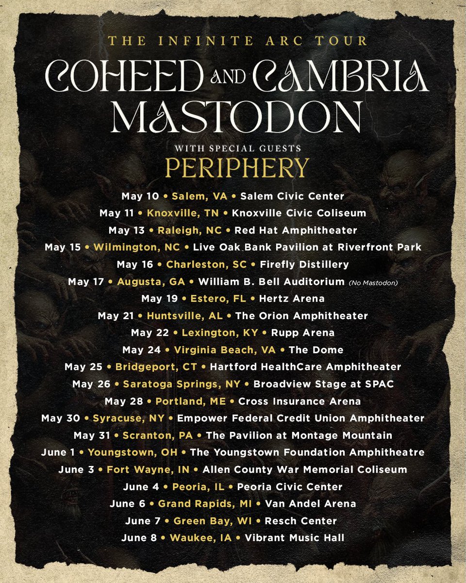 WE ARE EXCITED TO ANNOUNCE THE INFINITE ARC TOUR!
We'll join our friends <a href="/mastodonmusic/">Mastodon</a> and <a href="/PeripheryBand/">Periphery</a>  to play some smaller cities. 
Tickets are on sale Friday at 10am. coheedandcambria.com
Or sign up for early VIP pre-sale Info and password
bit.ly/coheedsignup