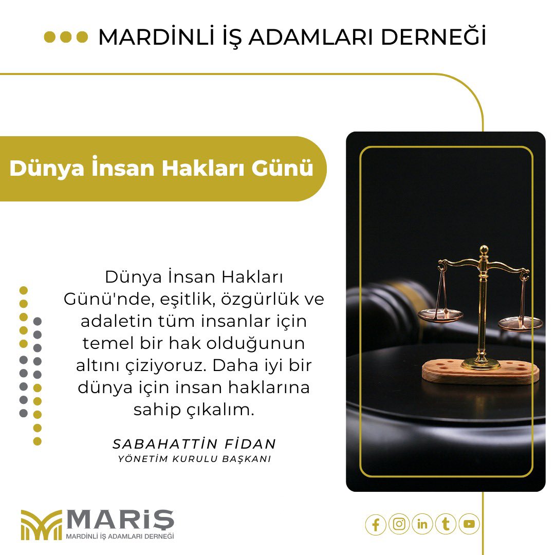 Dünya İnsan Hakları Günü'nde, eşitlik, özgürlük ve adaletin tüm insanlar için temel bir hak olduğunun altını çiziyoruz. Daha iyi bir dünya için insan haklarına sahip çıkalım.

#maris #insanhaklari