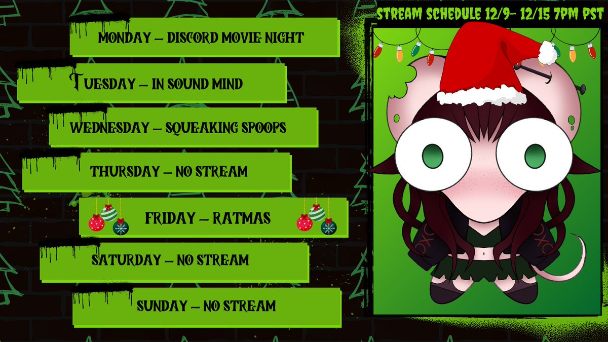 RattiKinzz's tweet photo. 🎄Stream schedule is up for the week, Stinkos🎄
#VtuberUprisings #ratvtuber https://t.co/saW2OQKekd