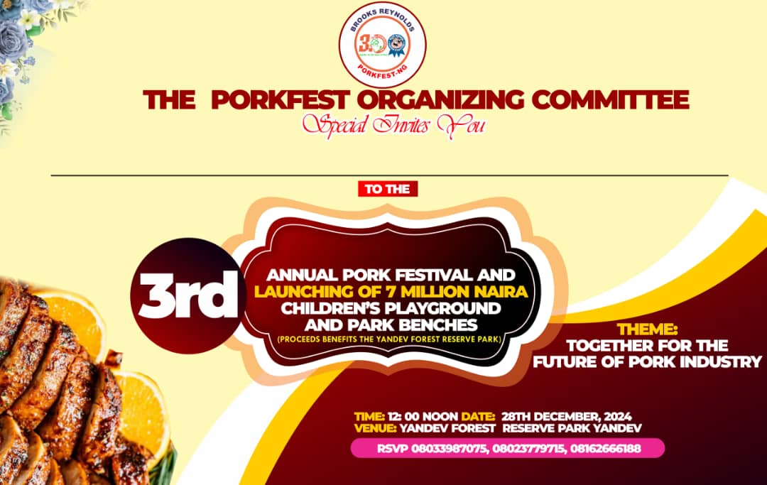 The <a href="/kountyPorkfest/">PorkFest Nigeria</a> in conjunction with the <a href="/BRBaconFest/">Blue Ribbon Bacon Festival</a> is inviting you to her 3rd annual Pork Festival and the launch of her community fundraiser for the Children's playground and Park Benches project to benefit the Yandev Forest Reserve Park in Yandev, Gboko.