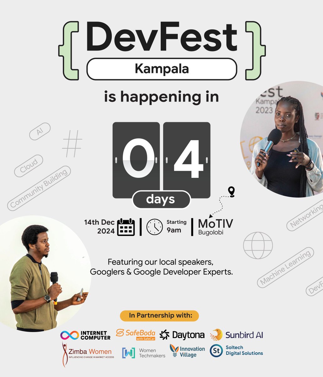 🎉 The countdown continues… just 4 days to go until DevFest Kampala 2024!

✨ Get ready to explore tech, connect with brilliant minds, &amp; have a fantastic time! come learning, networking, &amp; lots of swag to grab.

Don’t miss out mark your calendar! 🗓️

#DevFestKampala2024