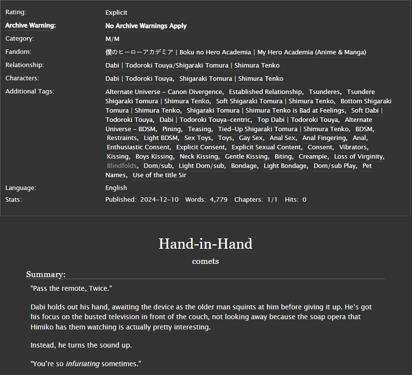 did anyone say shigadabi? no? well, i had the BEST time working on this piece with <a href="/AbbieGrimoire/">Abbie 🔞 Commissions Open ✨</a> for the <a href="/bnhabdsm/">⛓️💥 BNHA BDSM BANG 💥⛓️</a> bang! dabi and tomura are just so delicious together 💙🩶 i'll link abbie's stunning art when it's posted as well!

archiveofourown.org/works/61220125