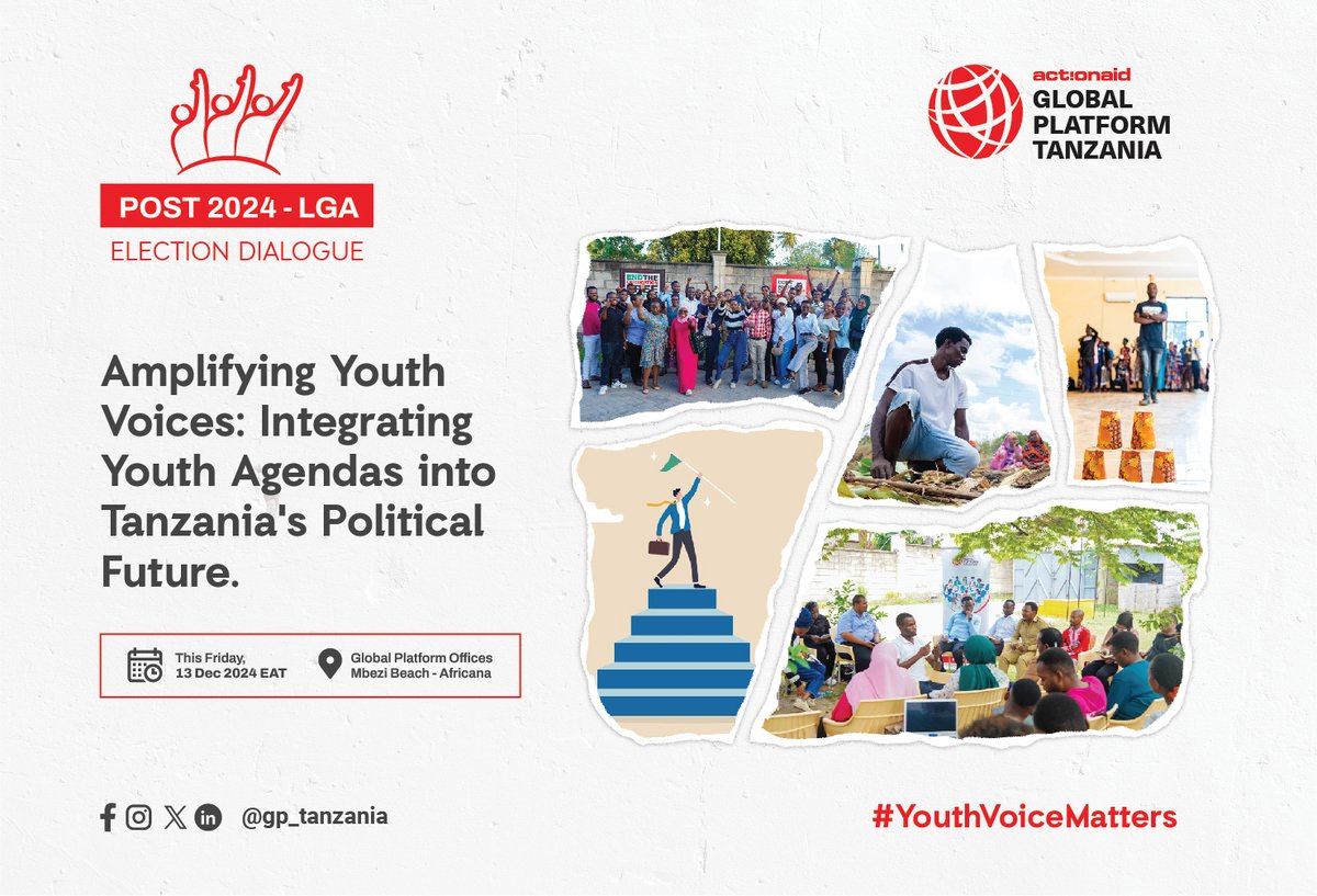 ActionaidTz's tweet photo. Join us this Friday, December 13, 2024, at Global Platform Tanzania for an insightful dialogue on "Post 2024 LGA Election: Integrating Youth Agendas into Tanzania's Political Future."

📍 Venue: Global Platform Offices, Mbezi Beach - Africana
🕒 Time: 08:30 am - 04:30 pm EAT

This platform empowers youth voices and ensures their priorities are at the heart of Tanzania’s political journey.

📢 Don’t miss out! Only 15 seats left, RSVP early via +255 686 046 481 to claim your place!

#YouthVoiceMatters #PostLGAElection #TanzaniaFuture #AmplifyYouthVoices