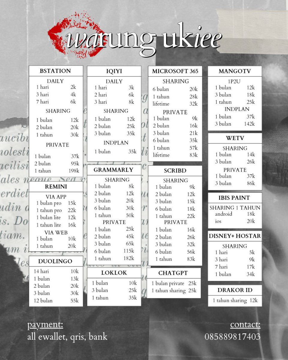 AVAIL QRIS WTS APK PREM, PULSA, KUOTA, TOKEN LISTRIK ADA SEWA AKUN HARIAN BULANAN. NETFLIX, YOUTUBE, CANVA, VIU, ALIGHT MOTION, CAPCUT, SPOTIFY, DAZZCAM, OLDROLL.

pl : padlet.com/warungukiee/wa…

☎️ : wa.me/6285889817403

#zonauang #zonaba #zonajajanᅠᅠ
