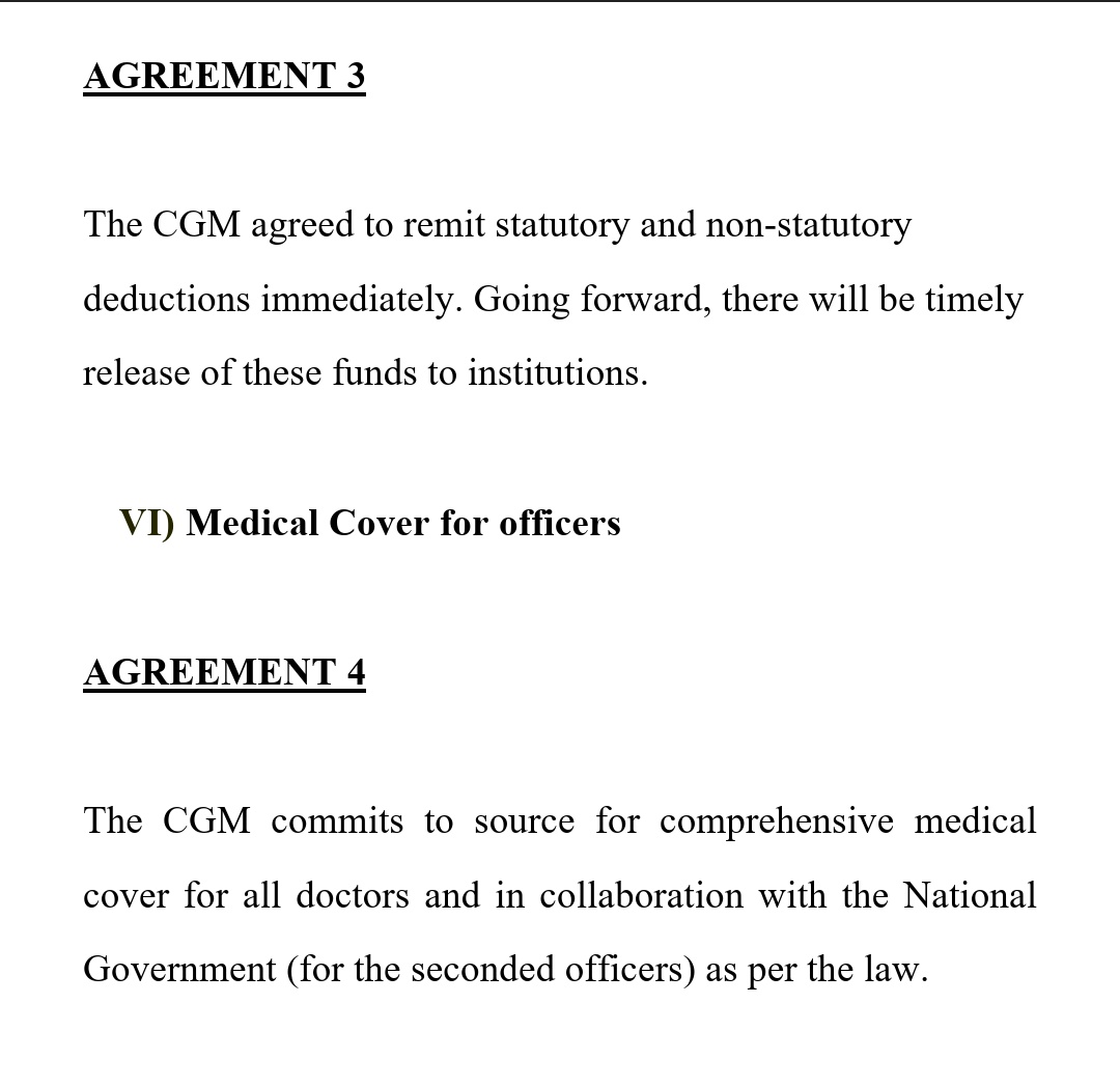 Jasiri_WVR's tweet photo. But your own RTWF that you sent to that leader "who is on a paid study leave" actually acknowledges that they have legitimate reasons. 
There have been no promotions, statutory deductions are not being remitted resulting in blacklistings and defaults with even KRA, they don't even have a medical cover! Imagine that... A doctor without a medical cover hehehe. 
In your own agreement, you say you won't victimise the doctors... Then you post what is interpreted as nothing other than a threat. 
It is the digital age now ma'am, documents fly all over the interwebs.