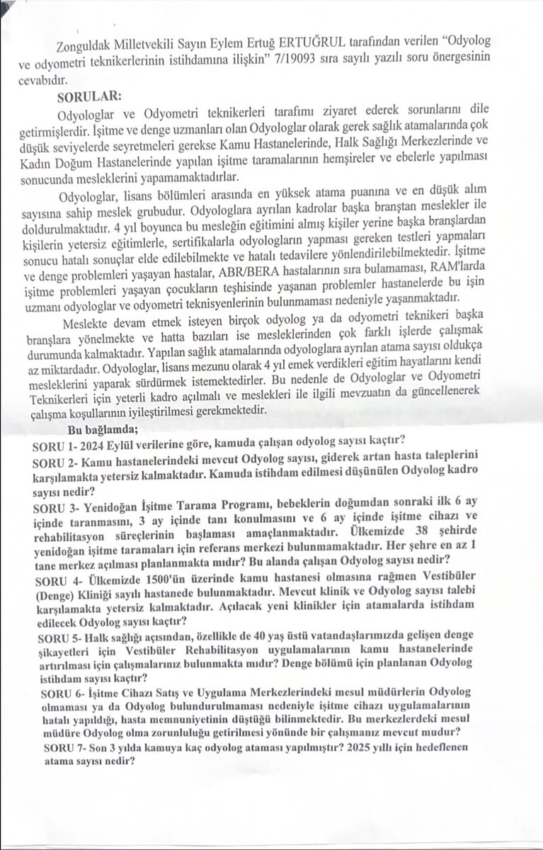 vekilimizeylem's tweet photo. Meclisimizde odyologlarımızın bizleri ziyareti üzerine, ilettikleri bilgiler doğrultusunda, odyologların mevcut durumuyla ilgili Bakanlığın bir çalışma takvimi olup olmadığının yanıtlanması istemiyle Sağlık Bakanlığı’na soru önergemizi vermiştik. 

Bakanlıktan gelen cevapta;

Önümüzdeki dönemler için sağlık personeli ihtiyacı ve diğer planlama kriterleri göz önünde bulundurularak KPSS ile yapılacak sağlık personeli alımlarında odyolog unvanında/branşında daha fazla personel istihdam edilmesi talebi planlamalarımızda değerlendirilecektir, şeklinde bilgi verilmiştir. 

Tüm odyologlarımızın bilgisine sunarız. 

#Odyologa2binAtama 
#odyolog 
#odyometrist
#odyologlar 
@OdyologBirligi