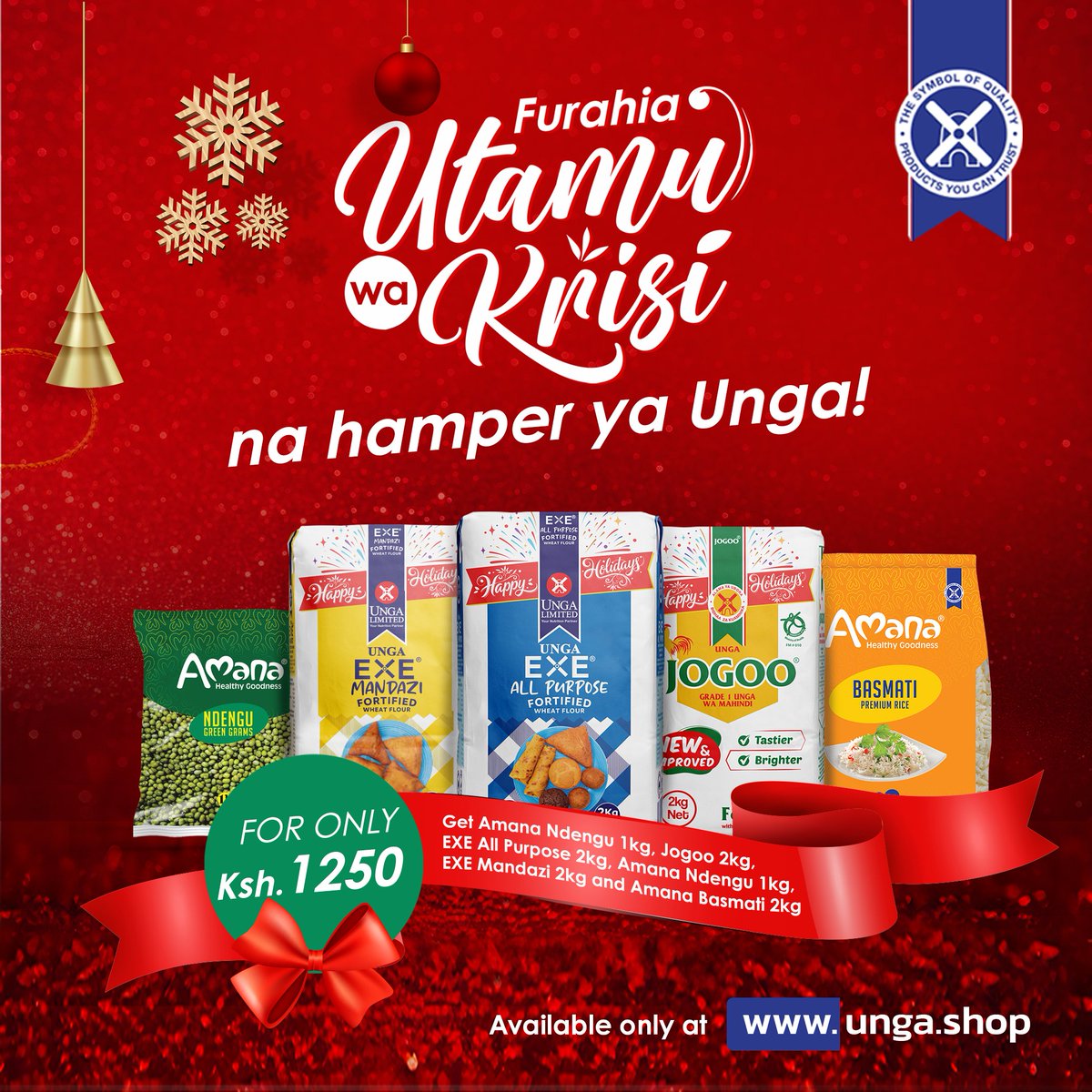 Ho-ho-holiday ni ya kufurahia #UtamuWaKrisi! Grab our special, wholesome Unga hamper with all your festive favourites for just Ksh. 1250! Available only on unga.shop. #NutritionPartner