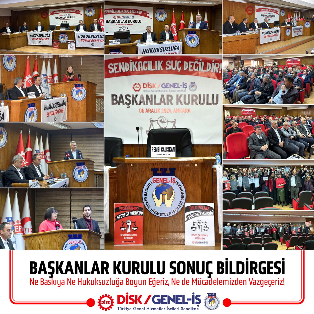 DiSK_Genel_is's tweet photo. DİSK/GENEL-İŞ BAŞKANLAR KURULU SONUÇ BİLDİRGESİ (06.12.2024):
"DİSK/GENEL-İŞ BAŞKANLAR KURULU olarak; DİSK Genel Başkan Yardımcısı ve Genel-İş Sendikamızın Genel Başkanı Remzi Çalışkan ile DİSK Çukurova Bölge Temsilcisi ve Genel-İş Mersin Şube Başkanı Kemal Göksoy’un hiçbir somut delile dayanmayan, uydurma gizli tanık ifadeleriyle tutuklanmalarını demokrasiye, sendikamıza ve işçi sınıfına yönelik ağır bir saldırı olarak görüyoruz. Bu saldırıya karşı topyekün bir mücadele yürüteceğimizi ve işçi sınıfının haklarını savunma kararlılığımızdan asla vazgeçmeyeceğimizi bir kez daha güçlü bir şekilde ifade ediyoruz." https://t.co/nhvmIxjPEK