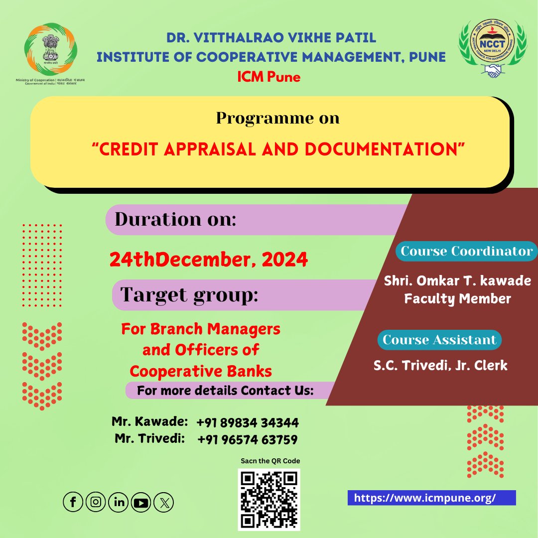 ncct_icmpune's tweet photo. @MinOfCooperatn @ncct_institutes Programme on “Credit Appraisal and Documentation" for Branch Managers and Officers of Cooperative Banks: (24thDecember, 2024)
#PACSDevelopment #NABARD #SOFTCOBScheme #Empowerment #MultipurposeSocieties #RuralDevelopment
#maharashtra #ncct https://t.co/PTFvg8juNI
