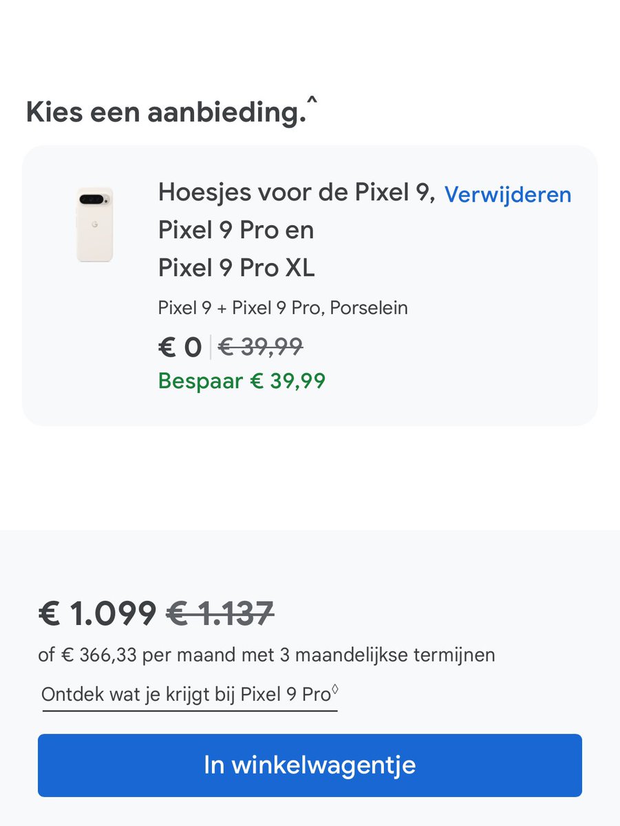 d_smartr_dumb's tweet photo. @madebygoogle 
The math isn’t working on your NL store promo.
You state a saving of €139,99 on a case, but the case is only €39,99 https://t.co/JH98SlIIyh