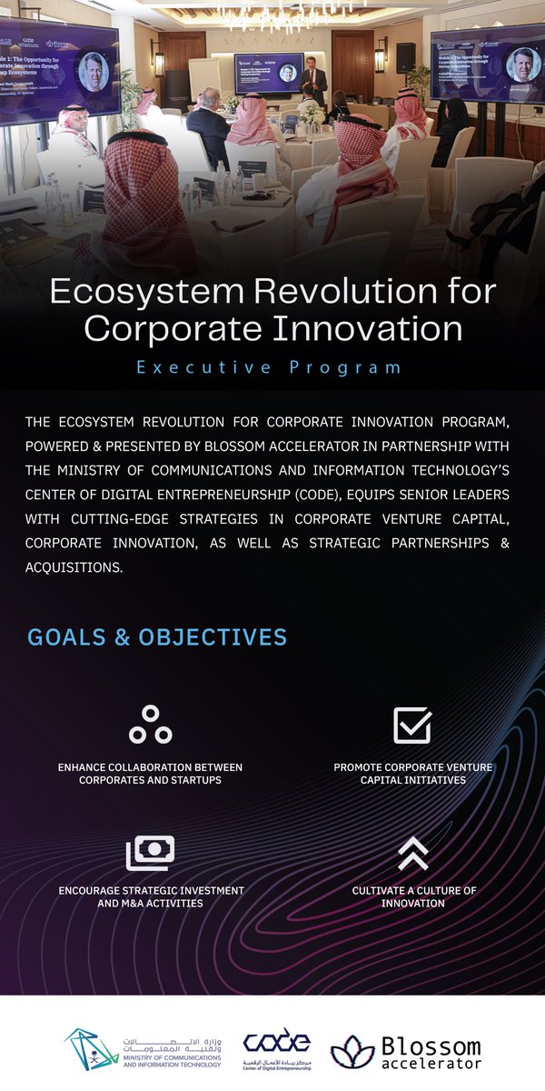🚀 Excited to announce the Ecosystem Revolution for Corporate Innovation program, in partnership with <a href="/BlossomAccel/">Blossom - مسرعة بلوسوم</a> 
This program empowers senior leaders with innovative strategies in corporate venture capital, innovation, and strategic partnerships. Ready to transform your