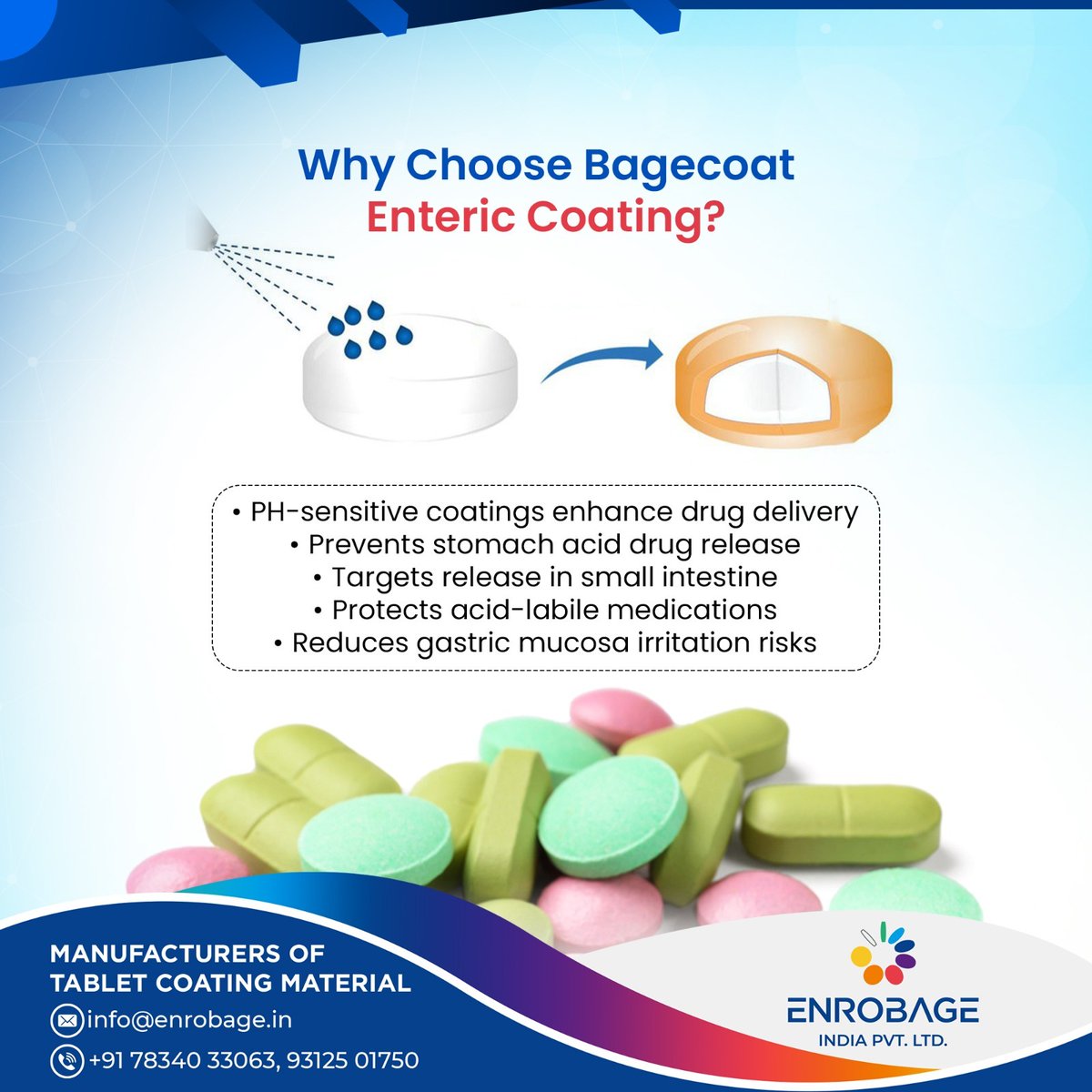 Enrobageindia's tweet photo. Unlock Optimal Drug Delivery with 𝐁𝐚𝐠𝐞𝐜𝐨𝐚𝐭 𝐄𝐧𝐭𝐞𝐫𝐢𝐜 𝐂𝐨𝐚𝐭𝐢𝐧𝐠💊: Protecting Your Medications🛡️, Enhancing Absorption🌟, and Minimizing Stomach Irritation —Because Every Dose Matters!✅

https://t.co/m7nDeJAA6g

#EnrobageIndia #Enrobage #Bagecoat #PatientCare https://t.co/mSEqt1ZZkq