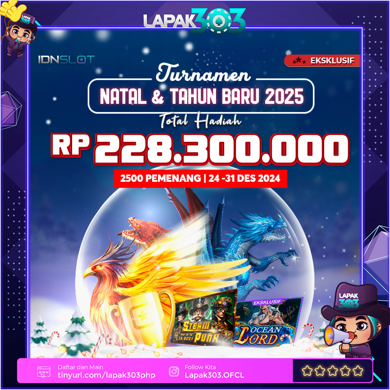 lapak303ofc's tweet photo. ✨ Sambut liburan akhir tahun dengan hadiah spektakuler di LAPAK303! 🎁 Total hadiah Rp 228.300.000 untuk 2.500 pemenang menantimu di Turnamen Natal &amp; Tahun Baru 2024! 🎰 Mainkan mulai 24 Desember hingga 31 Desember! 💥 https://t.co/ujxUQjWujG