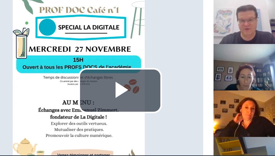 🌐 Nouveau sur Doc’Poitiers ! CR et replay du Prof Doc Café spécial La Digitale 🖥️.
🎙️ Emmanuel Zimmert partage sa vision d’un numérique éducatif vertueux et ses dessous de fabrication. 🤫🤗
ww2.ac-poitiers.fr/doc/spip.php?a…]
#ProfDoc #NumériqueÉducatif <a href="/DanePoitiers/">DANE_Poitiers</a> <a href="/IaEvs/">IA-IPR EVS et CT EVS Académie De Poitiers</a> <a href="/eduscol_DOC/">éduscol Doc</a>