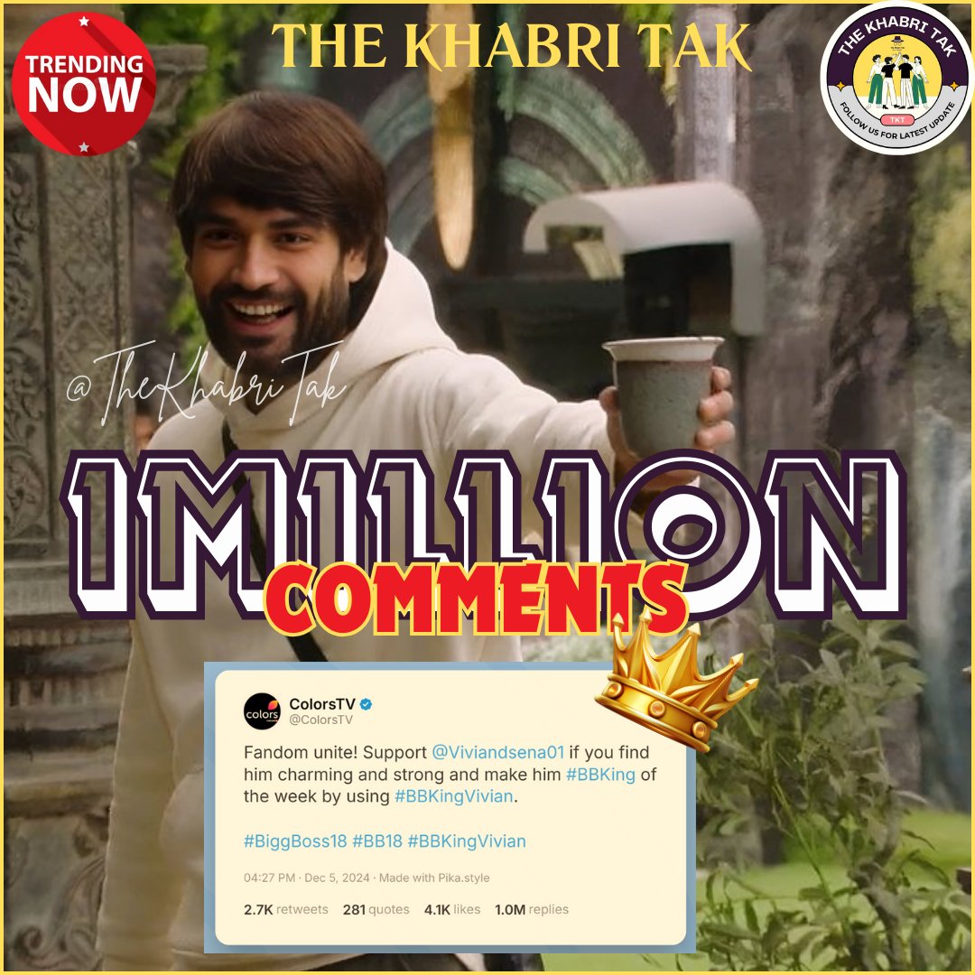 TheKhabriTak's tweet photo. Records : #VivianDSena becomes the 1st contestant in #BB18 to cross 700K, 800K, 900K &amp; 1M (Huge) comments with #BBKingVivian🔥🔥

None is even close to @VivianDsena01 in the race to🏆

Comment - Your Opinion
#BiggBoss #BiggBoss18

Follow - @TheKhabriTak for more https://t.co/siE3GTWGaO
