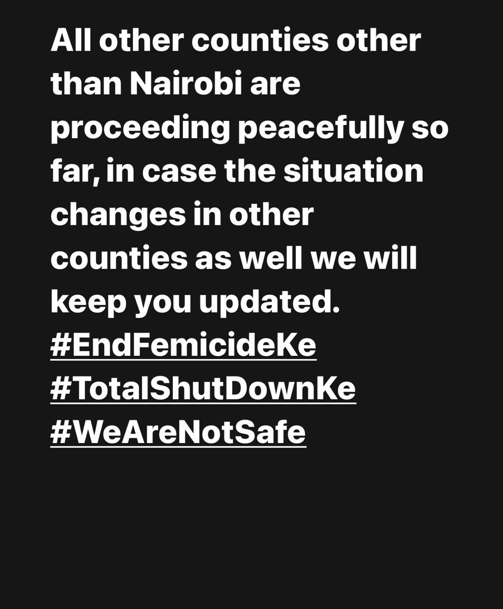 All other counties other than Nairobi are proceeding peacefully today. In case this changes we will update you on that. Please note that the national emergency line is 0716200100 #EndFemicideKE #TotalShutDownKe #WeAreNotSafe