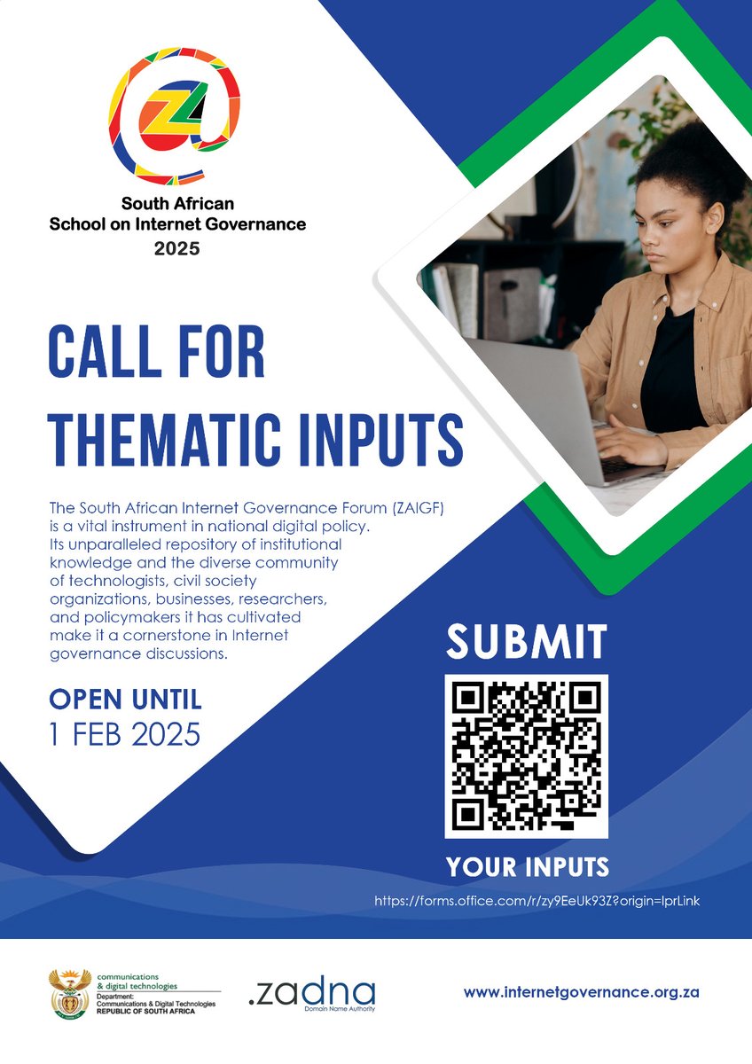 It’s that time again! The ZAIGF Multi-Stakeholder Committee, in partnership with <a href="/dotZADNA/">.za Regulator</a>  &amp; <a href="/CommsZA/">Dept of Communications & Digital Technologies</a>  invites YOU to shape the 2025 South African Internet Governance Forum. Share your input &amp; help set the agenda: lnkd.in/g_arphwU

#ZAIGF2025 #InternetGovernance