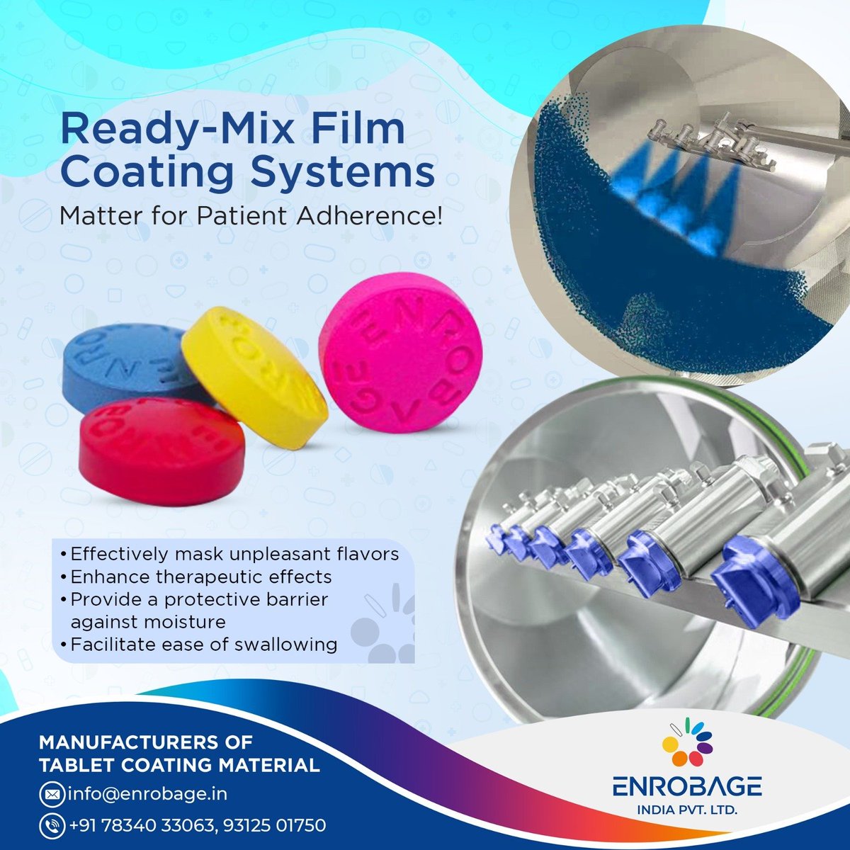 Enrobageindia's tweet photo. Promote Patient Compliance with Our Ready-Mix Film Coating Solutions!✨ Mask unpleasant flavors, enhance benefits💊, protect against moisture, and ease swallowing—because patient experience matters!��

https://t.co/m7nDeJAA6g

#EnrobageIndia #Enrobage #Bagecoat #Coating #MedTech https://t.co/funt2z0ZZI