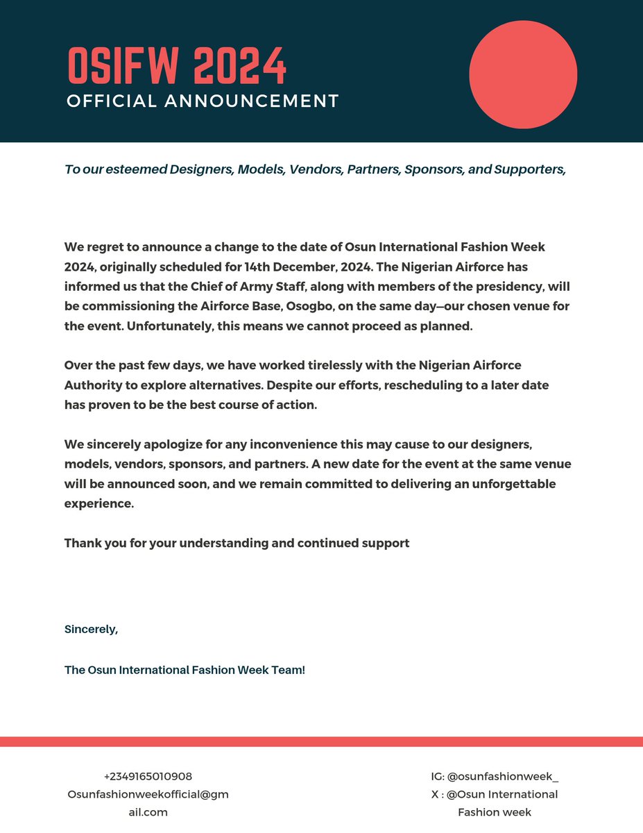 OsunWeek's tweet photo. OFFICIAL ANNOUNCEMENT ‼️
 To our esteemed Designers, Models, Vendors, Partners, Sponsors, and Supporters,

It is with a heavy heart that we announce a change to the scheduled date of Osun International Fashion Week 2024, originally set for 14th December, 2024. https://t.co/munPXDZEfz