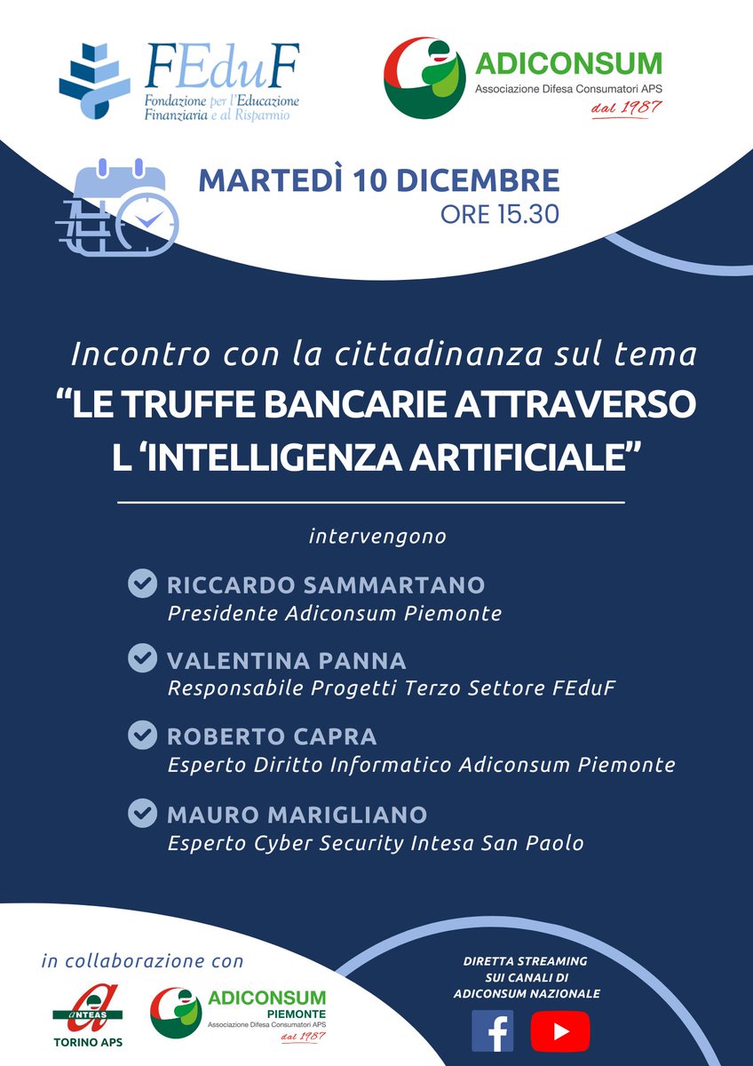 Oggi #10dicembre appuntamento con il #webinar #Adiconsum e <a href="/feduf_/">FEduF</a> "Le truffe bancarie attraverso l'#IntelligenzaArtificiale "
⏰ore 15.30 Diretta #streaming  sui canali Adiconsum:
➡️#Facebook 
➡️#YouTube 
shorturl.at/5X5NP

#truffe #risparmio #tutele