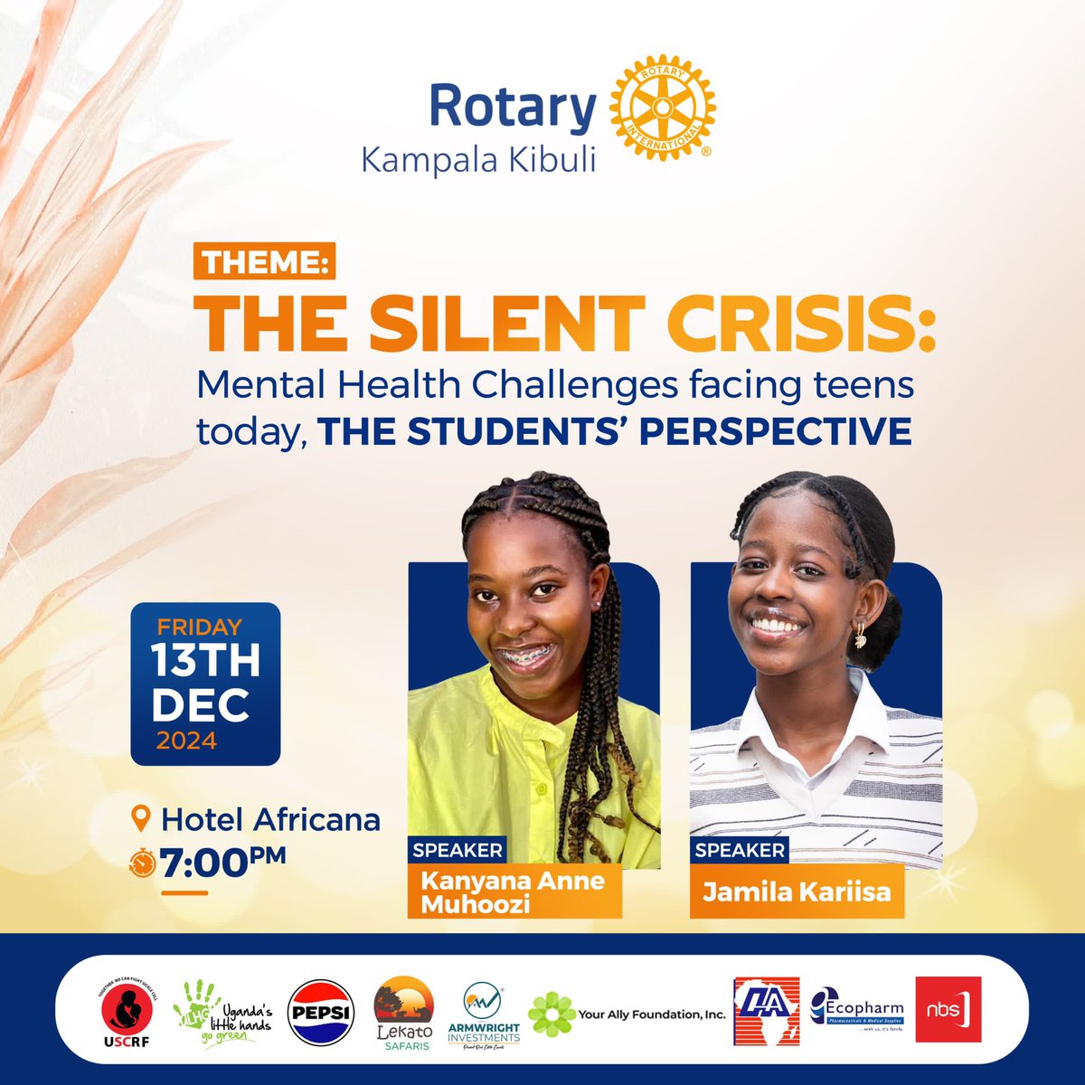 Hey Friends,
We invite you to a thought-provoking evening as our young leaders share their insights on the mental health challenges facing teenagers today.
Let's come together to listen, learn, and support our youth.
We look forward to seeing you there!

When: Friday,  7:00 PM