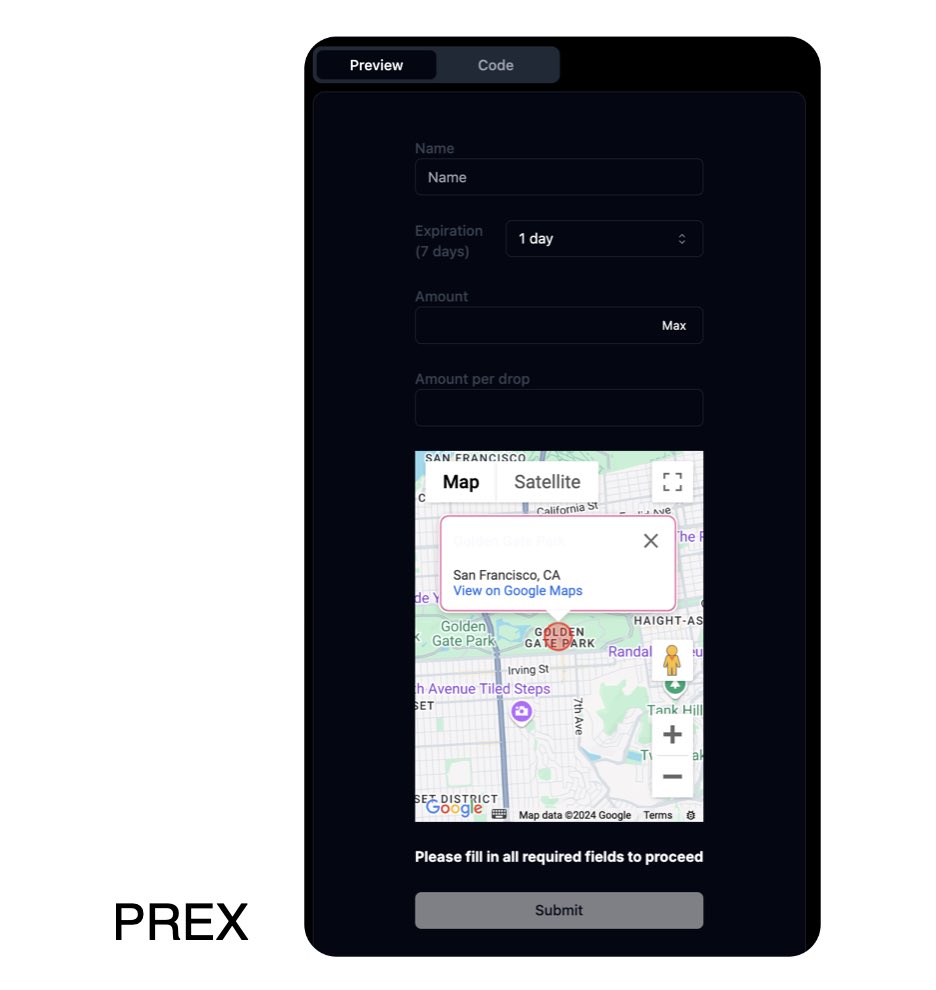 🤔Want to drop off tokens exclusively for event participants? With Prex, it’s super simple!

📍 Set the location
⏳ Define the time frame
⚡ Seamlessly drop off tokens

Just a few lines of code to implement a fully integrated UI &amp; backend. Make your events more engaging and