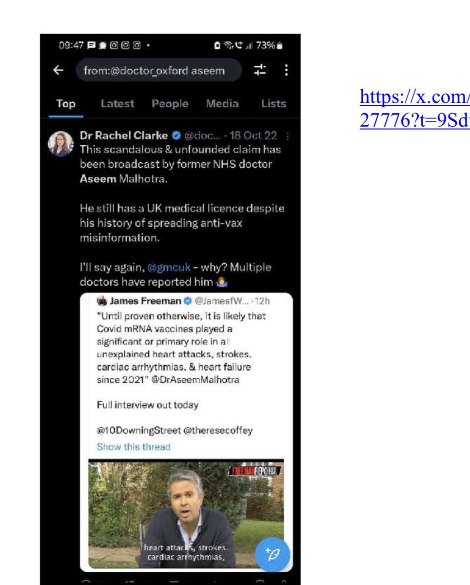 DrAseemMalhotra's tweet photo. BREAKING:

I can confirm that I have referred 3 doctors to the @gmcuk on what I believe are 2 counts of misconduct. 

They are @doctor_oxford , @drmattuk , & @trishgreenhalgh 

GMC guidance is clear:

“You must treat colleagues with kindness, courtesy and respect. To develop and maintain effective teamworking and interpersonal relationships you must: listen to colleagues, communicate clearly, politely and considerately, recognise and show respect for colleagues’ skills and contributions, work collaboratively with colleagues and be willing to lead or follow as the circumstances require…You must be compassionate towards colleagues who have problems with their performance or health. But you must put patient safety first at all times.”

My commitment to the profession has been faced with attack by fellow colleagues. This is perhaps the most disappointing part of the past few years.  What kind of human being publicly attacks and tries to humiliate an individual whose entire family is dead, simply for speaking up for the vaccine injured and patient safety? A dispassionate observer could describe this as insensitive at best, and sociopathic behaviour, at worst (again, in part, explained by the psychopathic determinants of health).

A prominent medic Dr Rachel Clarke, on several occasions, published multiple defamatory tweets since 2022 where she refers to me as “ex -NHS doctor” and “Britain’s most notorious ant-vaxxer”. She weaponised a Mail on Sunday story (which can only be described as a hatchet job on myself and two other public figures) on statins. I lost my NHS job that I loved, and was told by several NHS cardiologists (many of whom were supportive of my stance) I that I would find it difficult to get back into the NHS for a consultant post because of this Mail on Sunday article. Recently, five years later, a libel case launched by the two others named in the piece was won. The article has been taken down. The corruption and the truth was revealed – yet, my job was still lost. Others who have posted similar defamatory tweets or made such comments include individuals such as Dr Matt Kneale and Trish Greenhalgh. Is this the type of behaviour that is deemed acceptable professional conduct by the GMC?

Secondly In my view, these healthcare professionals – through their relational aggression – are the ones undermining trust in the profession. They deliberately undermine voices raising patient safety concern. Such behaviour is in my view a danger to public health.