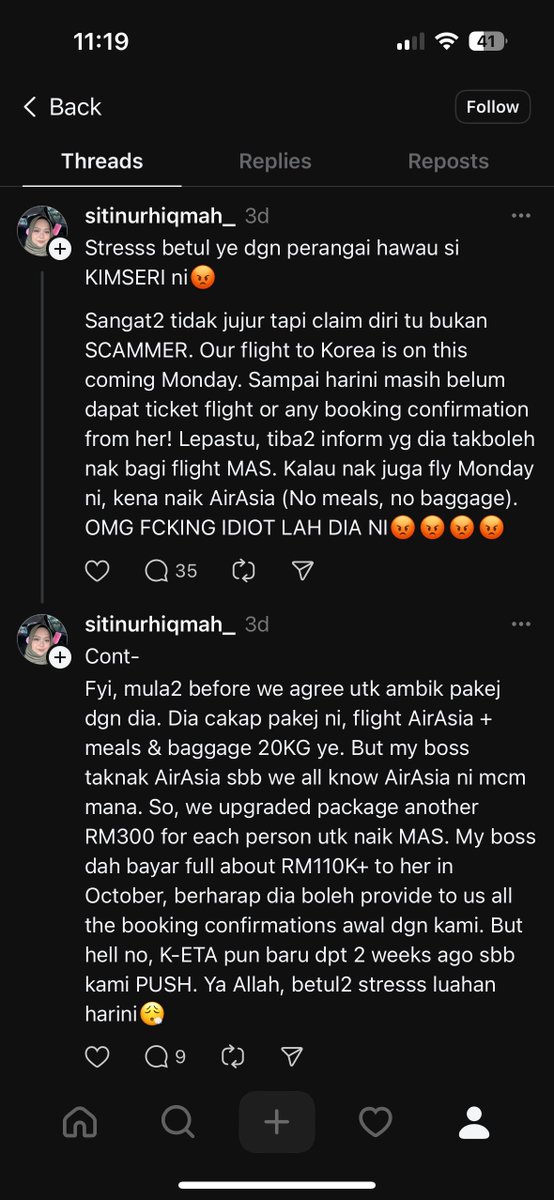 arfdy12's tweet photo. Kimseri ni ok ke tak?

Orang bayar dia RM110K untuk trip company ke Korea 9 bulan awal pun dia tak settlekan sampai last minute tu pun lepas kena push. 

Sampai orang tu dah naik flight pergi (yang dapat less than 3 hari sebelum fly) pun tak settle return tix!

Hilang mood weh… https://t.co/NmYTxbYzmx