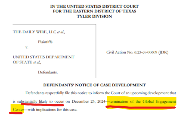 This exact censorship nerve center I talked about on <a href="/joerogan/">Joe Rogan</a> last week, the State Department's Global Engagement Center, just filed a notice in court that they are "substantially likely" to shut down in 2 weeks