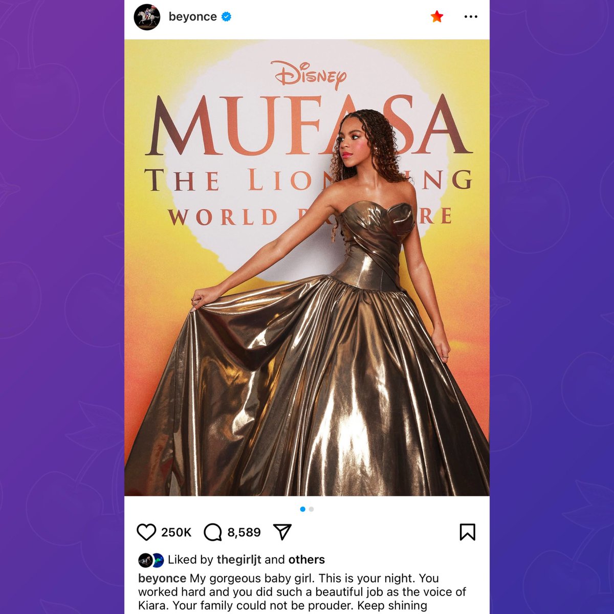 PopBase's tweet photo. Beyoncé shares message to Blue Ivy at the premiere of ‘Mufasa: The Lion King’:

“My gorgeous baby girl. This is your night. You worked hard and you did such a beautiful job as the voice of Kiara. Your family could not be prouder. Keep shining” https://t.co/GpdOpujRu8