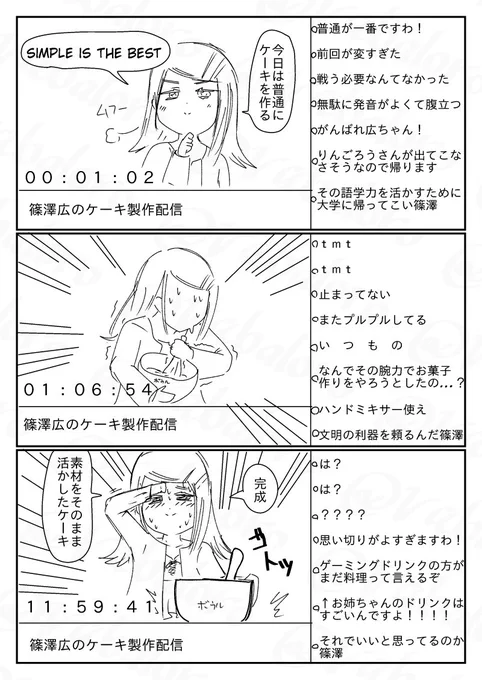 今日は学マスの篠澤さんのライブ配信のお仕事を捏造したクソマンガを描きました。
りんごろうさん式誉れ落としが絡まないケーキ作り配信回です。 