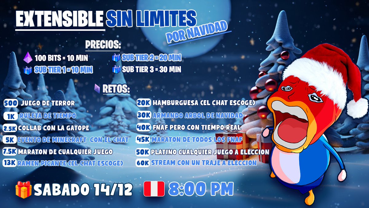 🎁EXTENSIBLE NAVIDEÑO INFINITO 🎁

⚡ESTE 14 DE DICIEMBRE ⚡

🎯8:00PM 🇵🇪 / 7:00PM 🇲🇽/ 10:00PM 🇦🇷

💎100 BITS = 10MIN 

🎁SUB TIER 1=10MIN 

💥Me ayudarían mucho con💗 Y 🔁 

💟twitch.tv/elganchos