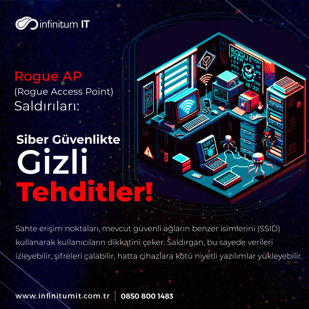 infinitumitlab1's tweet photo. Rogue AP yetkisiz bir kişinin veya bir grubun kurduğu, genellikle Wi-Fi erişim noktasıdır. Kullanıcılara meşru bir ağa bağlanıyormuş gibi görünerek, verilerini çalma amacını güder. Saldırgan, verileri izleyebilir, şifreleri çalabilir, kötü niyetli yazılımlar yükleyebilir.#RogueAP https://t.co/Cc2XTtscRT