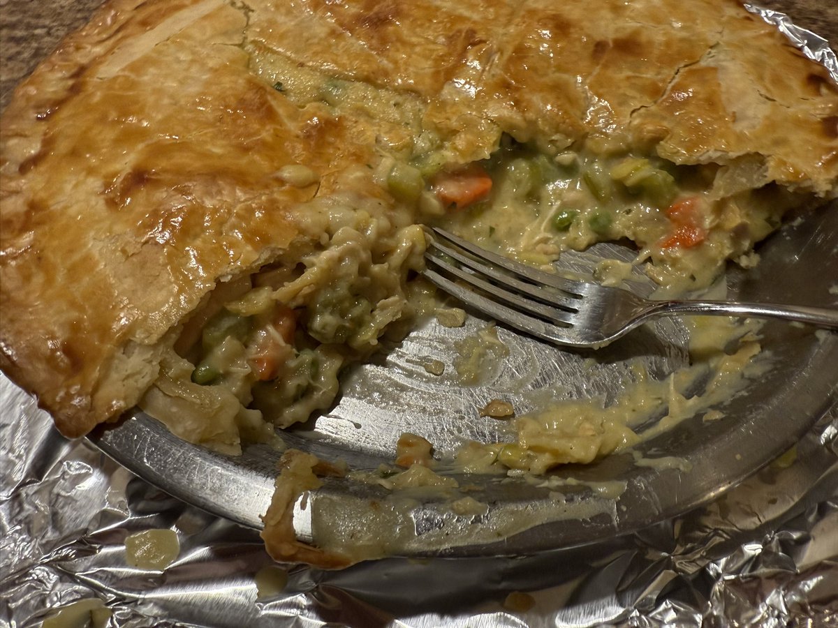 bennyc50's tweet photo. Leftover smoked turkey and chicken pot pie. The pie pan is my plate. #meatcathedral #plops https://t.co/dajQZXoJn5