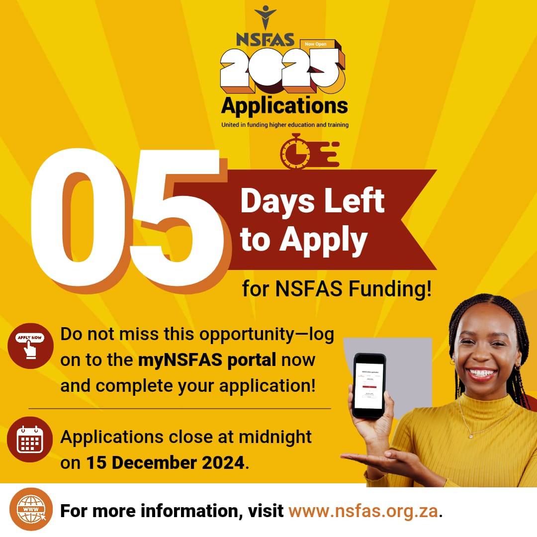 To apply for <a href="/myNSFAS/">NSFAS</a> is very easy and quick. 
1. Simply visit nsfas.org.za
2. Create your <a href="/myNSFAS/">NSFAS</a> profile
3. Log into the profile and complete the easy application steps 
4. Submit the application
Don't delay... APPLY NOW!
#NSFAS2025Applications #NSFAS025