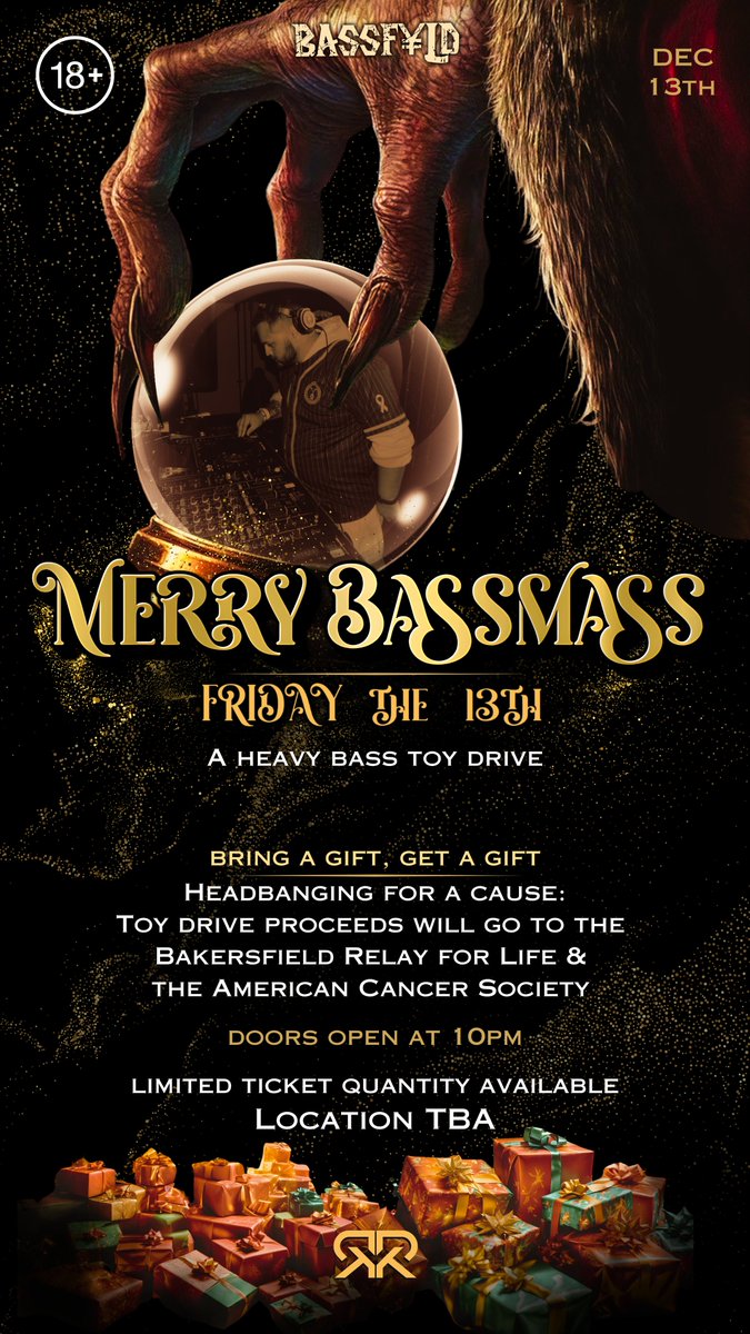 BASSFYLD's tweet photo. ‼️ATTENTION HEADBANGERS‼️

This is our LAST show of 2024! In the spirit of the holidays, we will be headbanging for a cause and hosting a toy drive this Friday, December 13.

Proceeds will go to the Bakersfield Relay for Life and The American Cancer Society. 

Ticket link below! https://t.co/C29szHR8Sl